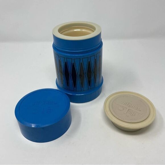 Thermos King-Seeley Blue Black Diamond Harlequin Pattern Plastic USA Vintage - Picture 6 of 7
